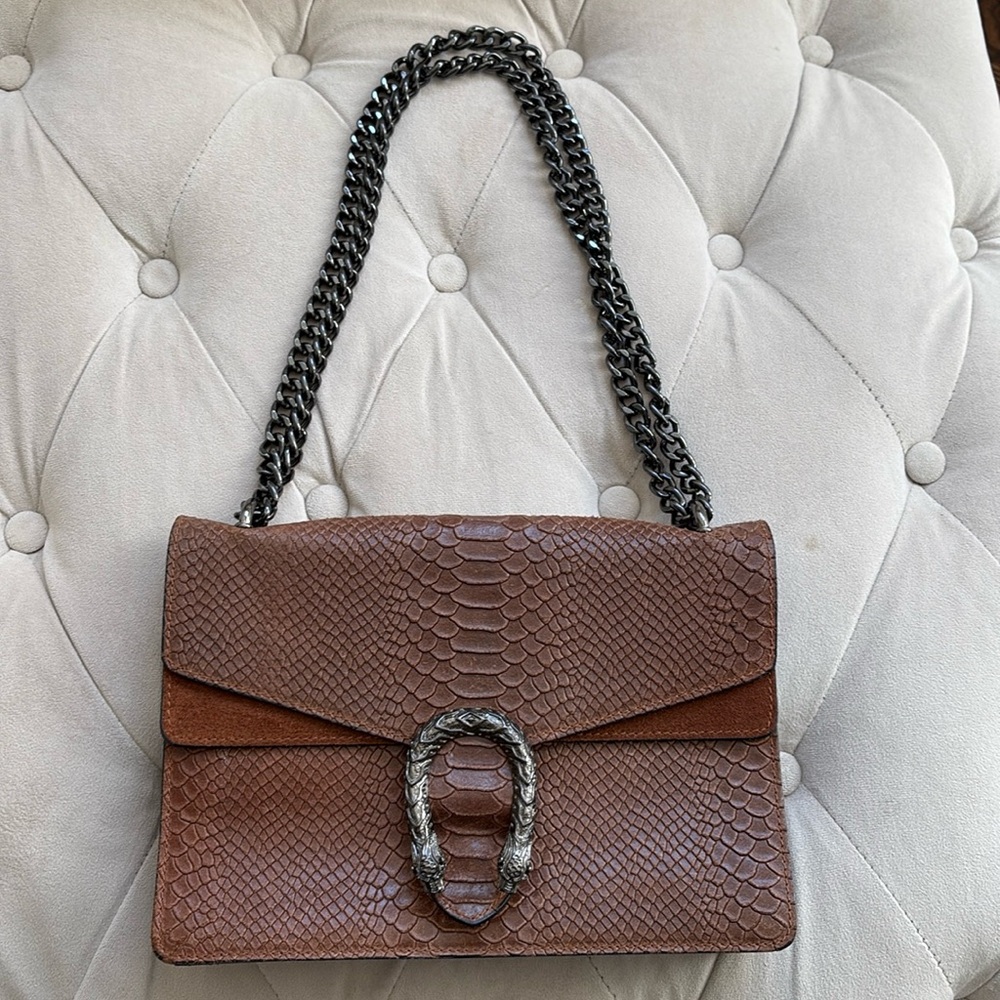 Brown Genuine Leather Shoulder Bag with Chain Strap